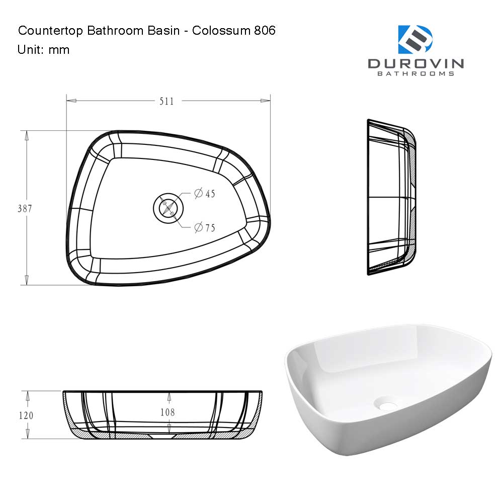 Counter top Stone Resin Basin Glossy White Moder Design Technical