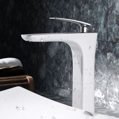 High Rise Single Lever White Ceramic Plated Chrome Brass Bathroom Basin Mixer Tap