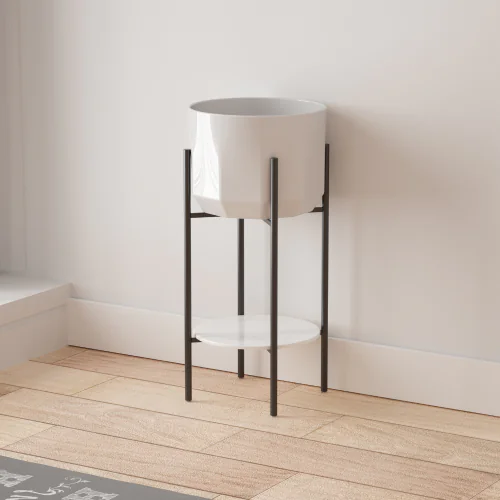 Durovin Bathrooms Ceramic Basin With Free Standing Shelf-Stainless Steel Metal Legs & Black Storage Shelf-400mm × 400mm × 680mm(W×D×H) - Black