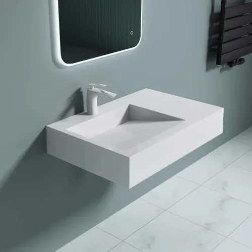 Counter Top Wall Hung Stone Resin Bathroom Basin With Side Shelf Integrated Waste | Colossum 11