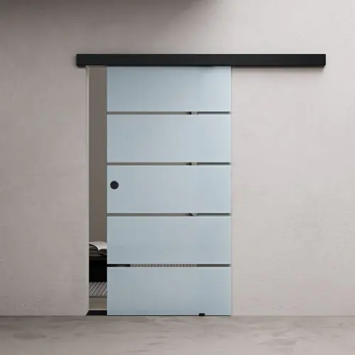 900mm Interior Frameless Sliding Glass Door Frosted Sections Screen Black Round Handle_With Soft Close