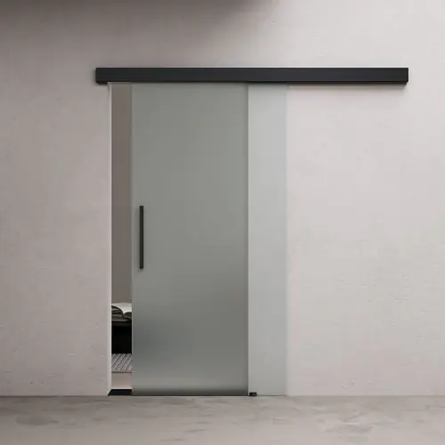 775mm Interior Frameless Sliding Glass Door Fully Frosted Screen Black Bar Handle
