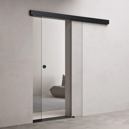 775mm Interior Frameless Sliding Glass Door Transparent Screen Black Round Handle With Soft Close