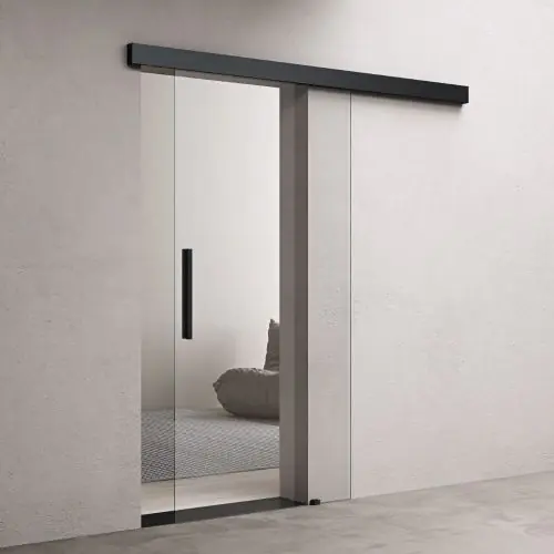 1025mm Interior Frameless Sliding Glass Door Transparent Screen Black Bar Handle