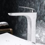High Rise Single Lever White Ceramic Plated Chrome Brass Bathroom Basin Mixer Tap