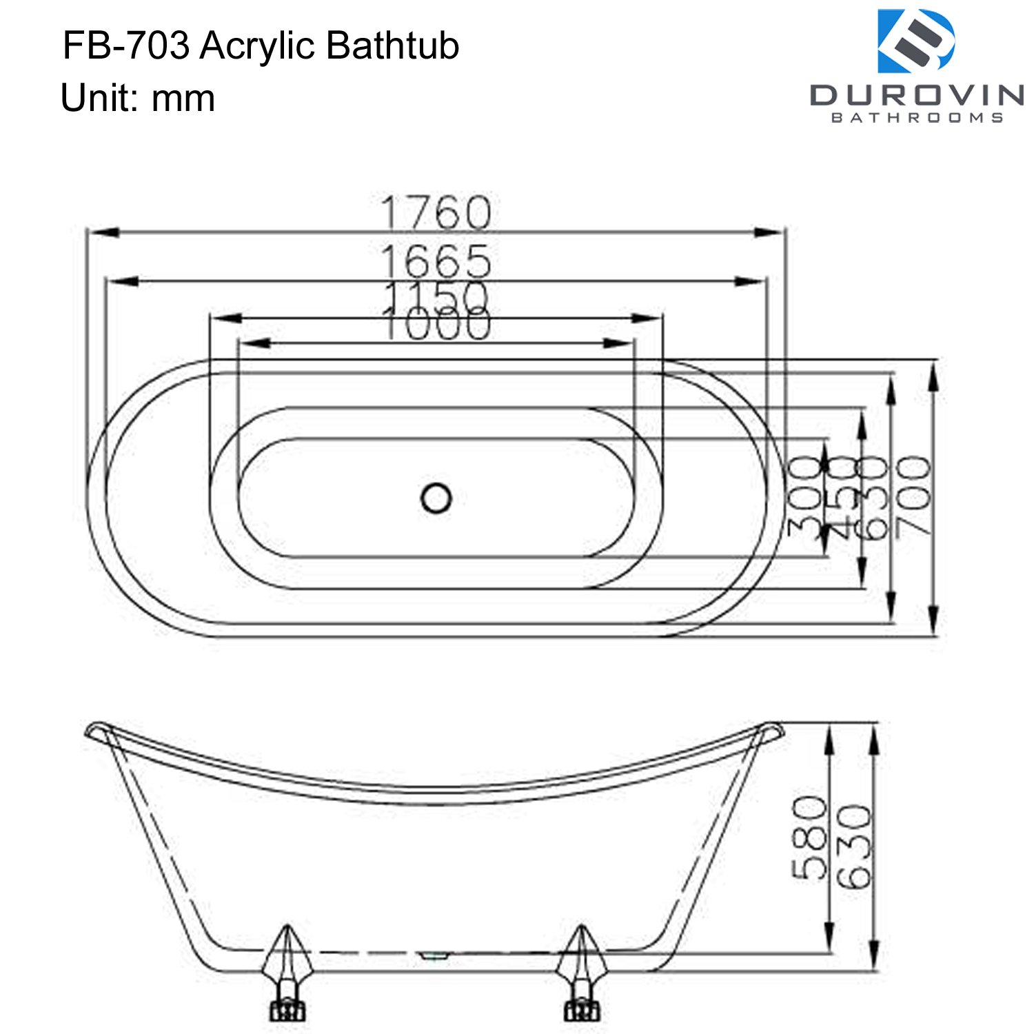 Double Ended Roll Top Freestanding Acrylic Bath Tub 1770 x 690mm